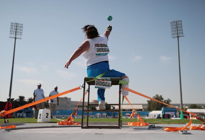 Mongolia's Tsogtgerel Gendendarjaa in action during the Women's Shot Put F57 Qualification at the 2019 World Para Athletics Championships, at the Dubai Club for People of Determination Athletics Stadium. Reuters