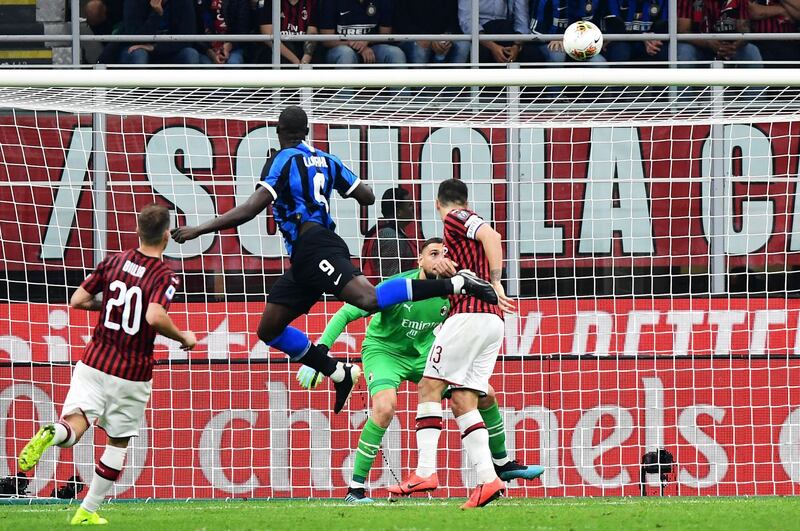 Inter Milan's Belgian forward Romelu Lukaku scores a header to make it 2-0. AFP