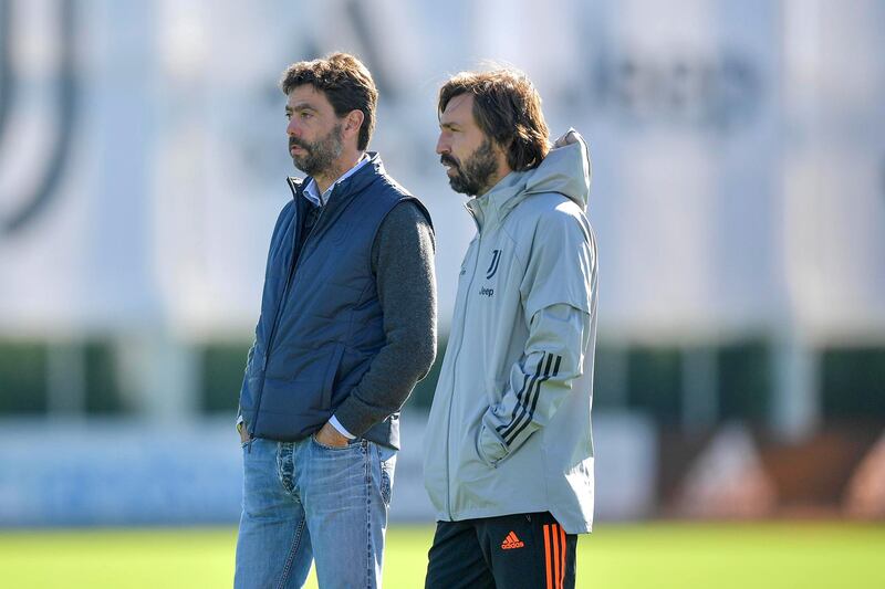 TURIN, ITALY - OCTOBER 27: Juventus coach Andrea Pirlo with Andrea Agnelli during the UEFA Champions League training session at JTC on October 27, 2020 in Turin, Italy. (Photo by Daniele Badolato - Juventus FC/Juventus FC via Getty Images)
