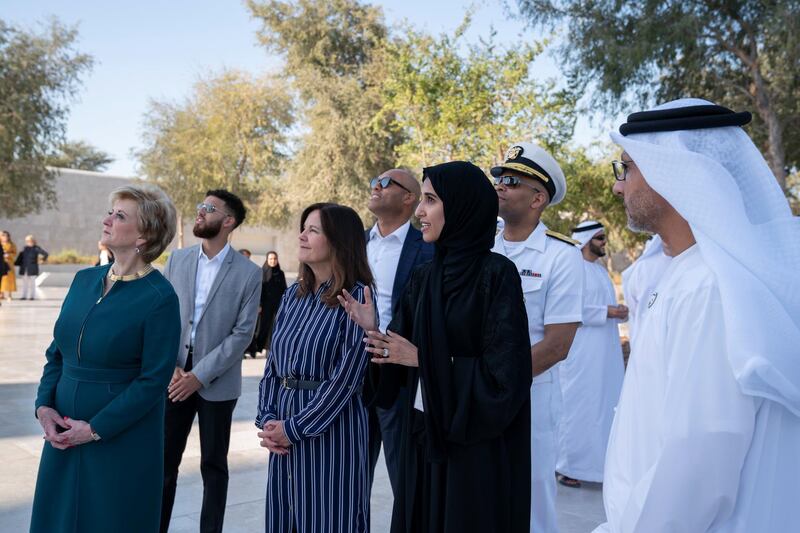 ABU DHABI, UNITED ARAB EMIRATES - March 13, 2019: Karen Pence, Second Lady of the United States (3rd R), tours the Founders Memorial prior exchanging gifts during a reception for the Special Olympics World Games Abu Dhabi 2019. Seen with Linda McMahon, Administrator of the Small Business Administration (L).

( Mohammed Al Hammadi / Ministry of Presidential Affairs )?