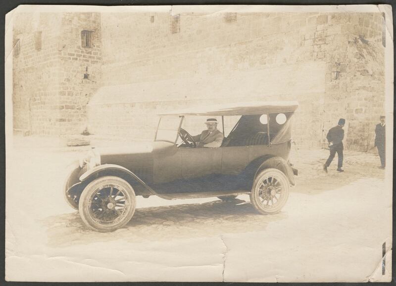 Nasri Fuleihan in a car in front of the Church of Nativity, Bethlehem, Palestine, circa 1910s-1930s. Gail O'Keefe Edson. Courtesy of Akkasah Centre for Photography