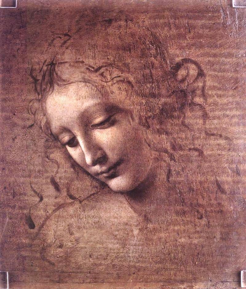 'Head of a Woman' (1508). The oil-on-wood painting shows a young woman with disheveled hair looking downwards. It is housed in the Galleria Nazionale di Parma in Parma, Italy
