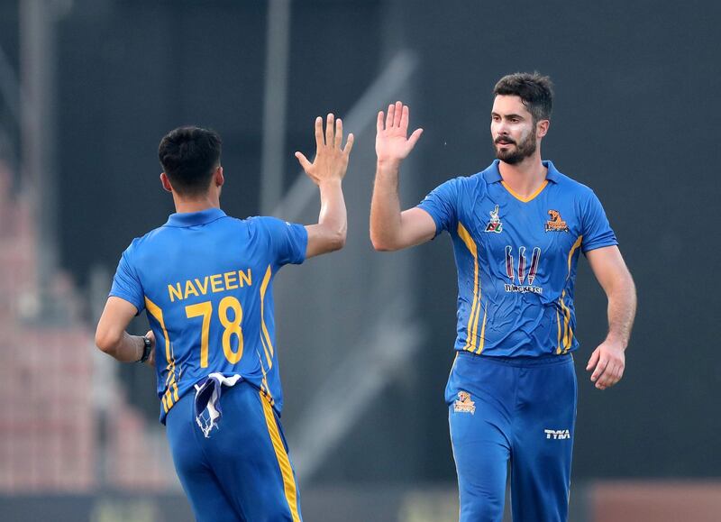 Sharjah, United Arab Emirates - October 06, 2018: Ben Cutting of the Nangarhar Leopards takes the wicket of Sayed Shirzad of the Kandahar Knights for his 5th wicket during the game between Kandahar Knights and Nangarhar Leopards in the Afghanistan Premier League. Saturday, October 6th, 2018 at Sharjah Cricket Stadium, Sharjah. Chris Whiteoak / The National