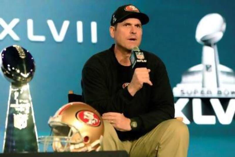 San Francisco 49ers head coach Jim Harbaugh is one year younger than his brother, John, the coach of the Baltimore Ravens, and showed more intensity during a press conference for Super Bowl 47 on Thursday. John G. Mabanglo / EPA