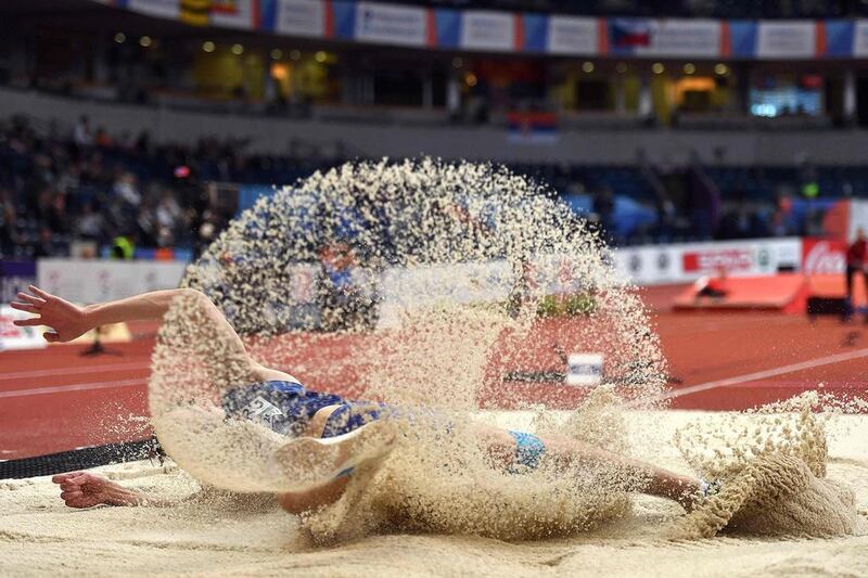 Estonia’s Henrik Kutberg competes in the men’s long jump qualifications at the 2017 European Athletics Indoor Championships in Belgrade on March 3, 2017. Andrej Isakovic / Agence France-Presse