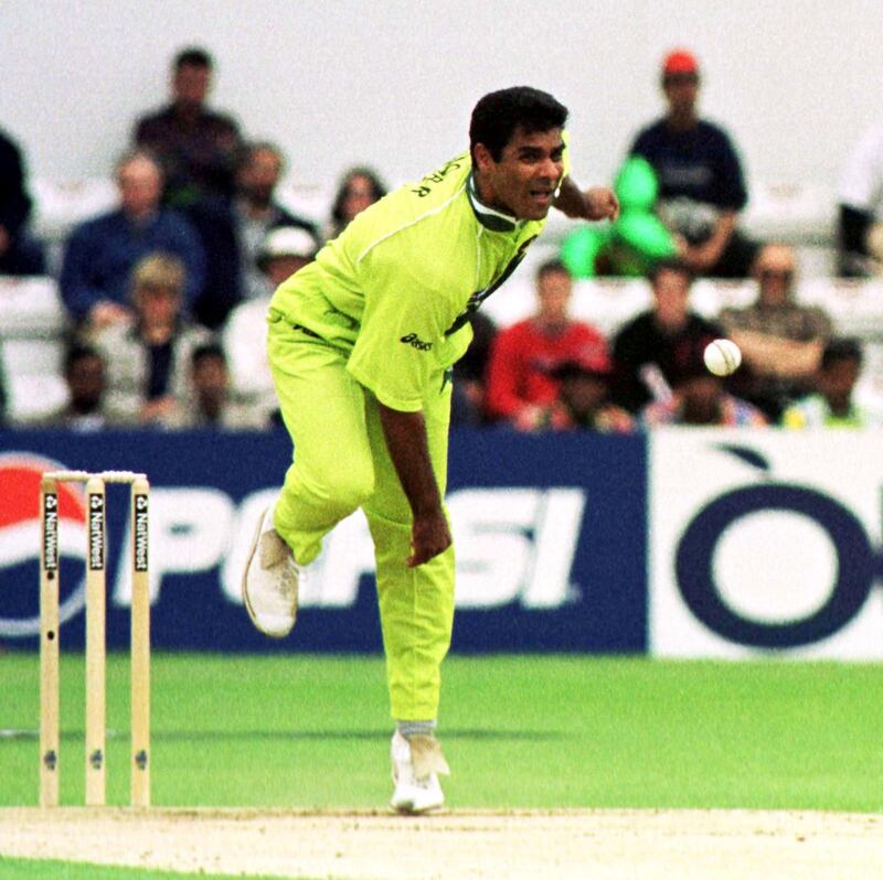 Pakistan's Waqar Younis in action whilst bowling against Bangladesh in their 1999 World Cup cricket match at Northampton.   (Photo by Barry Batchelor - PA Images/PA Images via Getty Images)