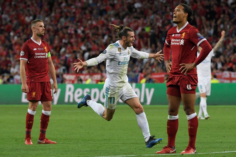 Gareth Bale celebrates after scorng his second goal during the Champions League final win over Liverpool in 2018. AFP