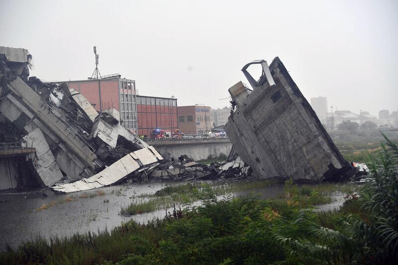 A large section of the Morandi viaduct upon which the A10 motorway runs collapsed in Genoa. EPA