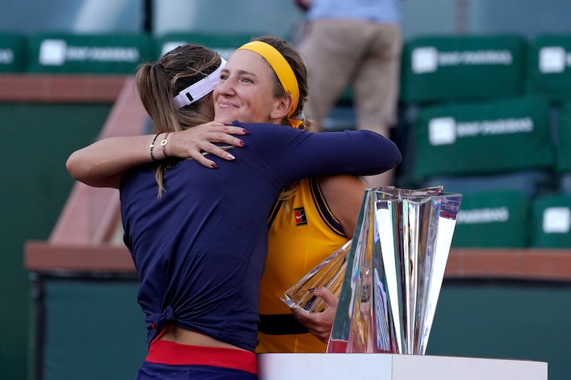 Victoria Azarenka, right, of Belarus, embraces Paula Badosa, of Spain, after Badosa defeated her in the singles final at the BNP Paribas Open. AP Photo