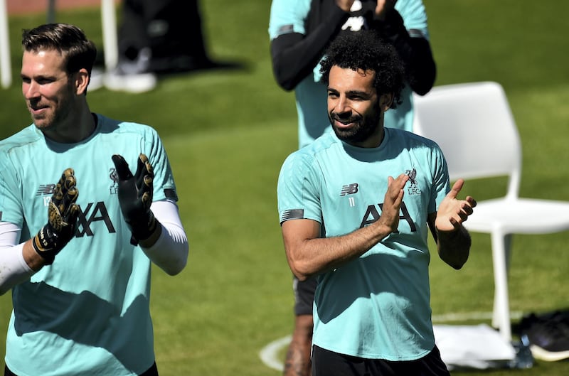 LIVERPOOL, ENGLAND - MAY 30: (THE SUN OUT, THE SUN ON SUNDAY OUT) Mohamed Salah of Liverpool singing Happy Birthday to former Liverpool players Steven Gerrard during a training session at Melwood Training Ground on May 30, 2020 in Liverpool, England. (Photo by Andrew Powell/Liverpool FC via Getty Images)