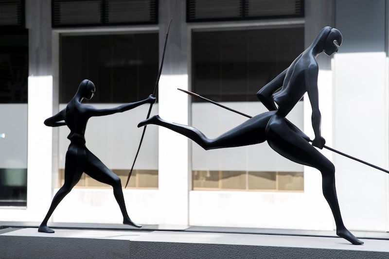 DUBAI, UNITED ARAB EMIRATES - SEPTEMBER 18, 2018. 

Antonio Signorini's sculptures "The Warriors" on display at DIFC.

(Photo by Reem Mohammed/The National)

Reporter: Melissa Gronlund
Section: AC