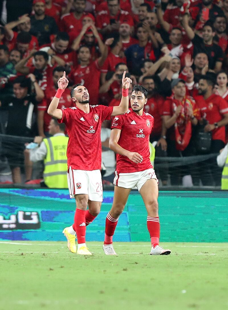 Karim Fouad celebrates scoring for Al Ahly. Chris Whiteoak / The National