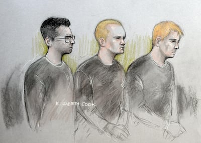 K6DMW1 Court artist sketch by Elizabeth Cook of (from the left) Alexander Deakin, 22, Mikko Vehvilainen, 32, and Mark Barrett, 24, appearing at Westminster Magistrates' Court in London where they have been charged with terrorism offences as part of an investigation into banned neo-Nazi group National Action.