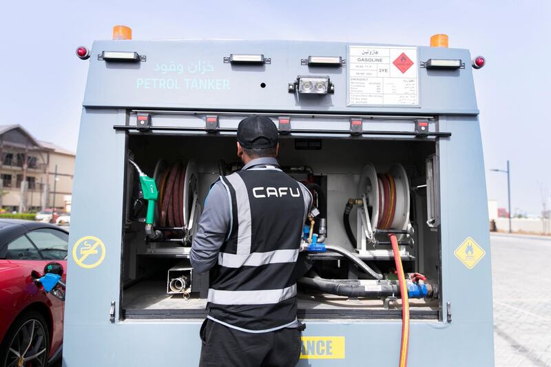 DUBAI, UNITED ARAB EMIRATES - JANUARY 24, 2019.

CAFU, a fuel delivery service.

On their app, you need to enter the car location, and the amount and kind of petrol you want to fill up.

CAFU will then dispatch a fuel tanker to your location with a driver who will fill up your car.

Users need to pay a single-use delivery fee of Dhs18 or pay Dhs 45 which allows for unlimited monthly deliveries.

(Photo by Reem Mohammed/The National)

Reporter: ADAM WORKMAN
Section:  WK