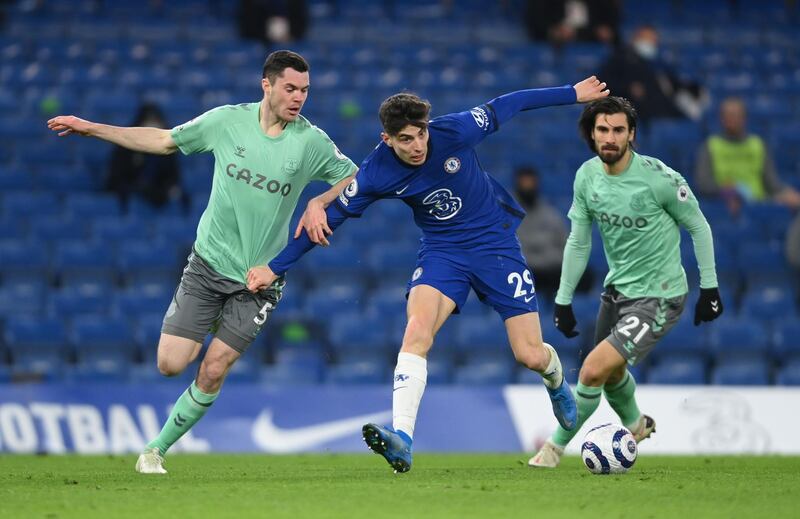 Chelsea's Kai Havertz under pressure from Everton defender Michael Keane. Reuters