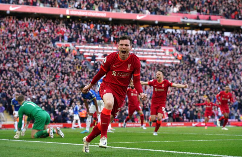 Andrew Robertson celebrates putting Liverpool ahead. AP