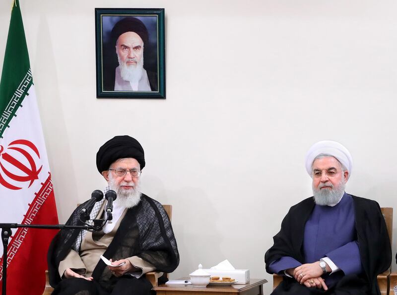 epa06980737 A handout photo made available by the Iranian Supreme Leader office shows, Iranian Supreme Leader Ayatollah Ali Khamenei (L) speaking during a meeting with Iranian President Hassan Rouhani (R) and his cabinet in Tehran, Iran, 29 August 2018. Media reported as Rouhani is under pressure over economic crises and demands for his resignation are louder, Khamenei has supported him as saying removing the President is just would be good for enemies.  EPA/IRANIAN SUPREME LEADER OFFICE HANDOUT  HANDOUT EDITORIAL USE ONLY/NO SALES