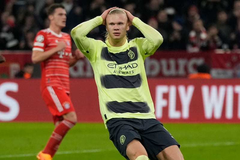 Manchester City's Erling Haaland reacts after missing a penalty. AP 
