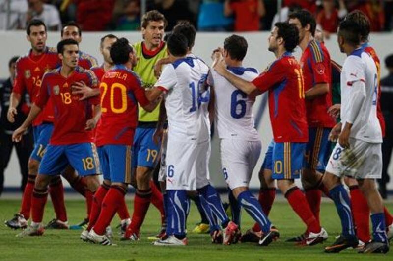 Spain and Chile players argued at the end of their international friendly match against on Friday night. Spain won 3-2.