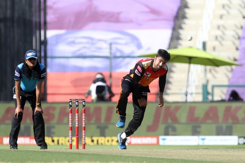 Rashid Khan of Sunrisers Hyderabad bowls during match 35 of season 13 of the Dream 11 Indian Premier League (IPL) between the Sunrisers Hyderabad and the Kolkata Knight Riders at the Sheikh Zayed Stadium, Abu Dhabi  in the United Arab Emirates on the 18th October 2020.  Photo by: Vipin Pawar  / Sportzpics for BCCI