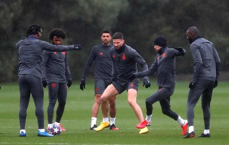 Chelsea's Olivier Giroud in training ahead of their Champions League match with Bayern Munich at Stamford Bridge on Tuesday. Reuters