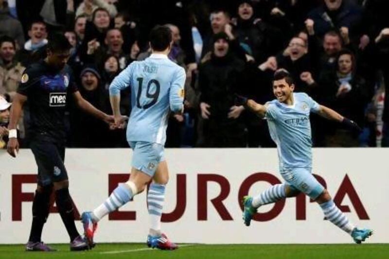 Manchester City's Sergio Aguero celebrates his goal against Porto during their Europa League second leg tie.