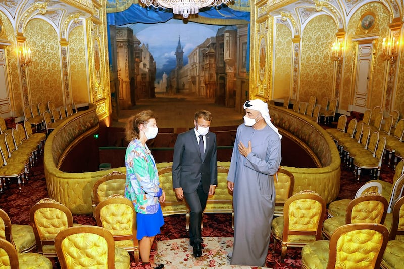 Sheikh Mohamed bin Zayed, Crown Prince of Abu Dhabi and Deputy Supreme Commander of the Armed Forces, with French President Emmanuel Macron and Marie-Christine Labourdette, head of the Public Establishment of the Chateau de Fontainebleau, during their visit of the Chateau of Fontainebleau, outside Paris, earlier this month. EPA