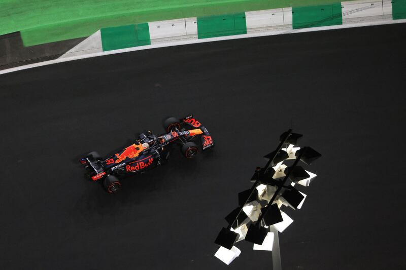 Red Bull's Dutch driver Max Verstappen drives  during the second practice session of the Saudi Arabian Grand Prix at the Jeddah Corniche Circuit in Jeddah. AFP