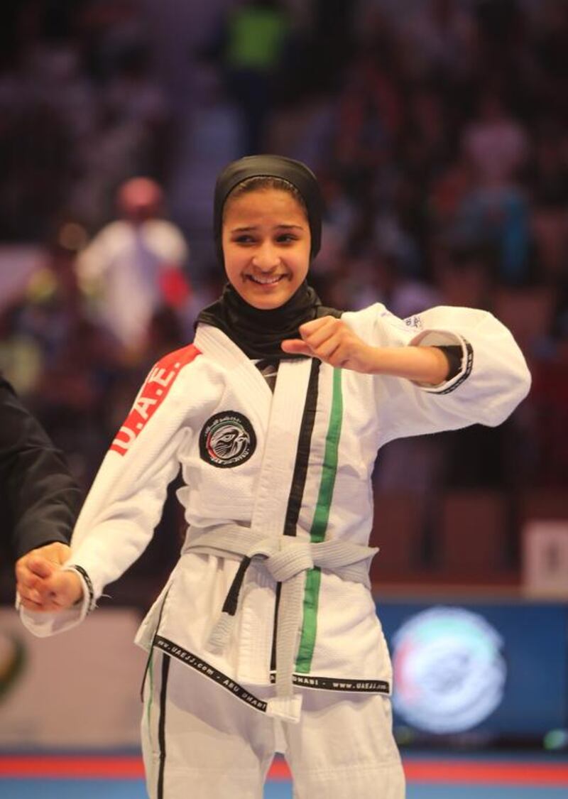 Asma Al Hosani of the UAE reacts after defeating Fatima Al Marar of the UAE in the Abu Dhabi World Youth Jiu-Jitsu Championship 2016. Ravindranath / The National