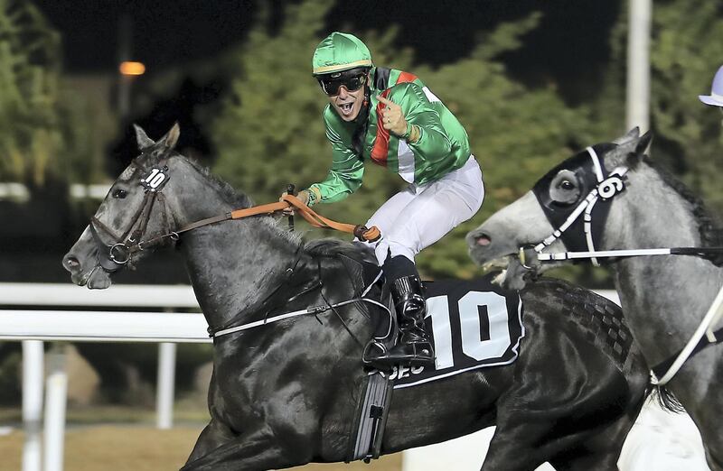 ABU DHABI , UNITED ARAB EMIRATES , November 9  ��� 2018 :-  Al Shamoos (FR) ridden by Julien Auge ( no  10  ) won the 6th horse race Sheikh Zayed Bin Sultan Al Nahyan Jewel Crown 1600m at the Abu Dhabi Equestrian Club in Abu Dhabi. ( Pawan Singh / The National ) For Sports. Story by Amith