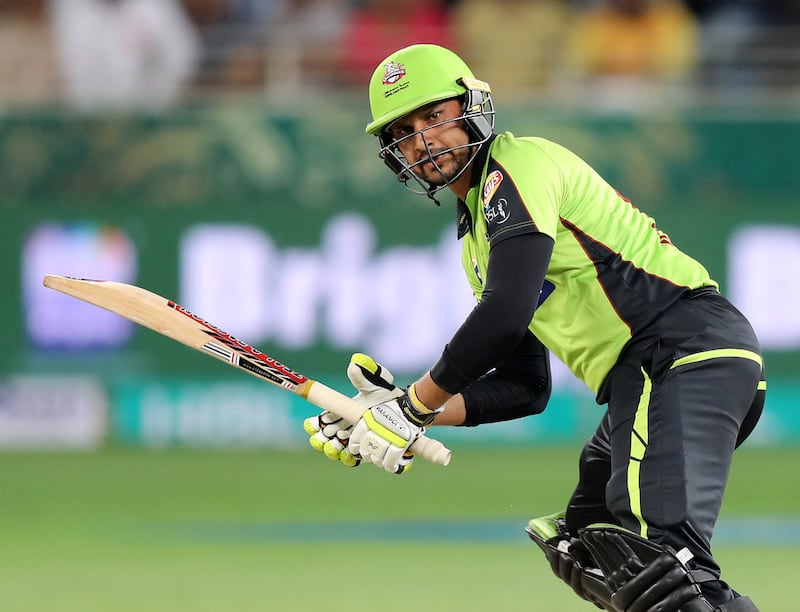 Dubai, United Arab Emirates - February 14, 2019: Sohail Akhtar of Lahore bats during the game between Islamabad United and Lahore Qalandars on the first evening of the Pakistan Super League. Thursday the 14th of February 2019 at The International Cricket Stadium, Dubai. Chris Whiteoak / The National