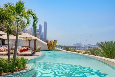The pool at W Dubai - Mina Seyahi have city skyline, Ain Dubai and Arabian Gulf views. Photo: Marriott