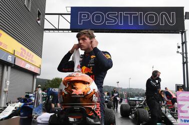 SPA, BELGIUM - AUGUST 28: Pole position qualifier Max Verstappen of Netherlands and Red Bull Racing looks on in parc ferme during qualifying ahead of the F1 Grand Prix of Belgium at Circuit de Spa-Francorchamps on August 28, 2021 in Spa, Belgium. (Photo by John Thys - Pool / Getty Images)
