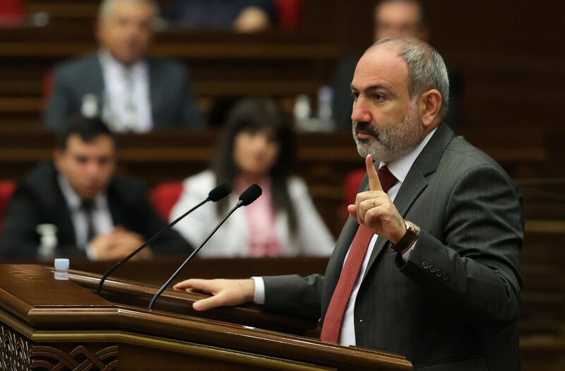 Armenia's acting Prime Minister Nikol Pashinyan speaks during a parliament session in Yerevan, Armenia May 10, 2021. Tigran Mehrabyan/PAN Photo via REUTERS ATTENTION EDITORS - THIS IMAGE HAS BEEN SUPPLIED BY A THIRD PARTY. MANDATORY CREDIT.