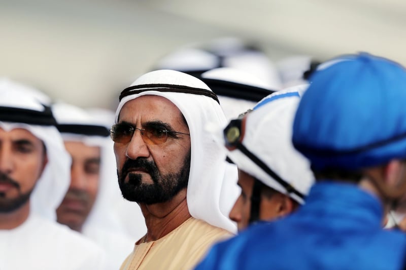 Dubai, United Arab Emirates - March 31st, 2018: HH Sheikh Mohammed bin Rashid Al Maktoum at the Dubai Wold Cup 2018. Saturday, March 31st, 2018 at Meydan Race Course, Dubai. Chris Whiteoak / The National
