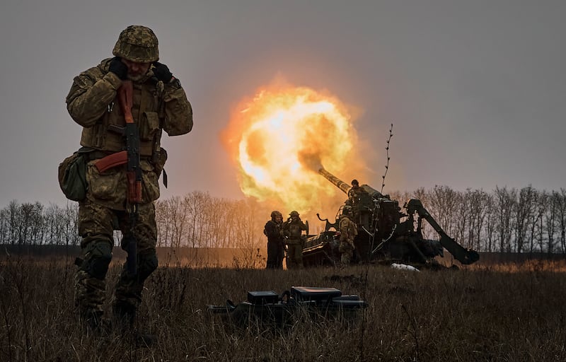 Ukrainian soldiers fire a Pion artillery system at Russian positions near Bakhmut in the Donetsk region of Ukraine. AP