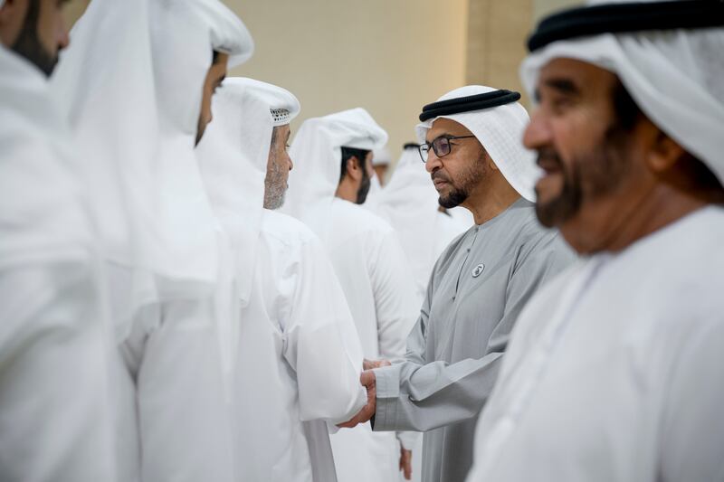 Sheikh Hamdan bin Zayed, Ruler’s Representative of Al Dhafra Region, receives mourners at Al Mushrif Palace.