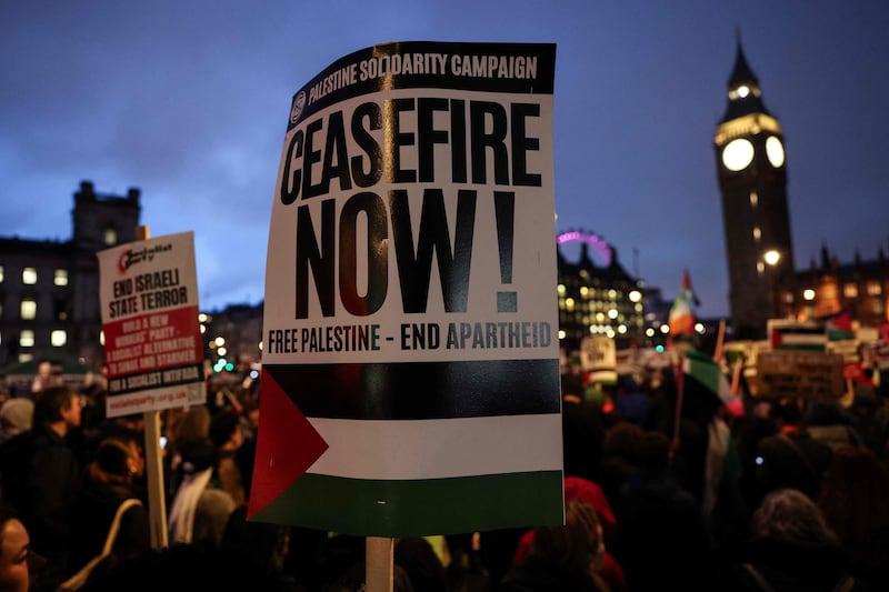 The protest in Parliament Square as the House of Commons voted on a call for an immediate ceasefire in Gaza. AFP