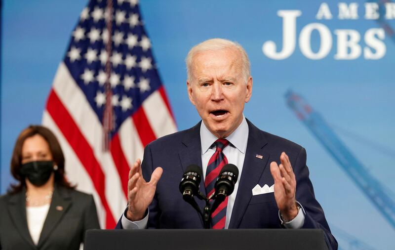 FILE PHOTO: U.S. President Joe Biden speaks about jobs and the economy at the White House in Washington, U.S., April 7, 2021. REUTERS/Kevin Lamarque/File Photo