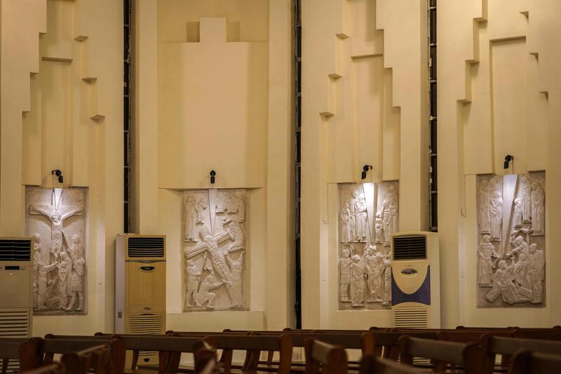 Four of the 14 pieces of "The Way of Suffering", sculpted plaques representing the stations of the cross by late Iraqi artist Mohammed Ghani Hikmat, are displayed at the Chaldean Catholic Church of the Ascension. Hikmat's son Yasser made a miniature of the fourth station stele which will be presented as a gift to Pope Francis. SFP