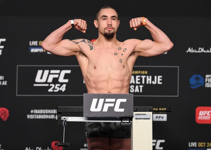 ABU DHABI, UNITED ARAB EMIRATES - OCTOBER 23: Robert Whittaker of Australia poses on the scale during the UFC 254 weigh-in on October 23, 2020 on UFC Fight Island, Abu Dhabi, United Arab Emirates. (Photo by Josh Hedges/Zuffa LLC)