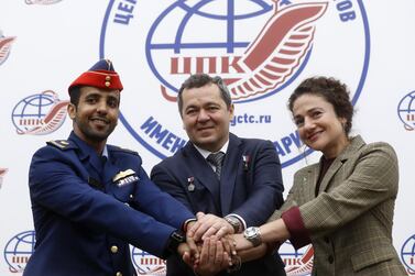 Hazza Al Mansouri with fellow crew members, Russian cosmonaut Oleg Skripochka and NASA astronaut Jessica Meir. EPA  