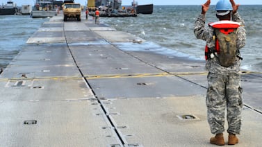 A ‘Joint Logistics Over the Shore’ exercise at Fort Story, Virginia. The aim is for a similar enterprise to take place in Gaza, where no solid pier yet exists. Photo: US Army