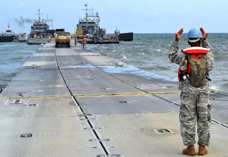 A ‘Joint Logistics Over the Shore’ exercise at Fort Story, Virginia. The aim is for a similar enterprise to take place in Gaza, where no solid pier yet exists. Photo: US Army