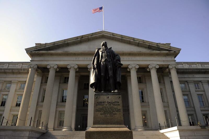 The US Treasury Building in Washington DC. The yield on 10-year US Treasury notes fell slightly from 2.4 per cent at the end of 2016 to close 2017 at 2.4 per cent. Michael Reynolds / EPA
