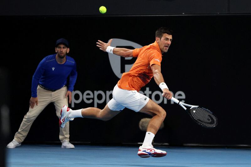 Novak Djokovic plays a backhand to Sebastian Korda. Reuters