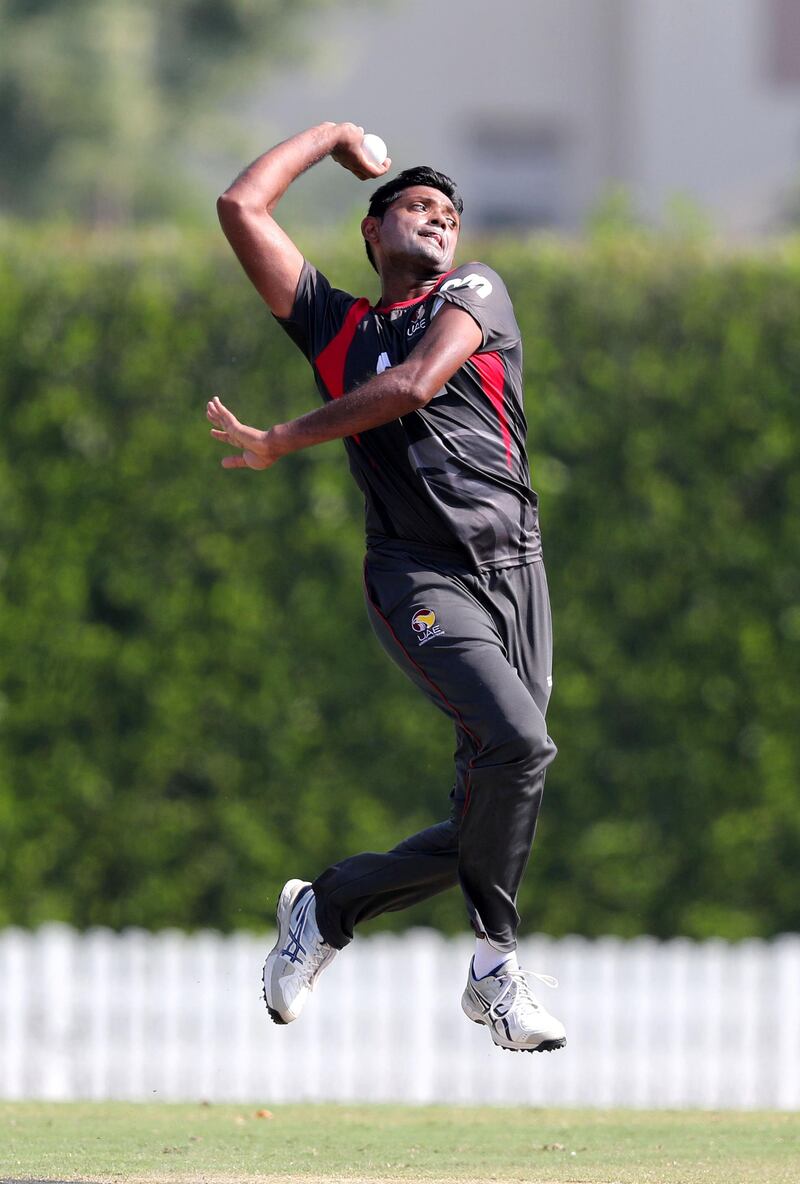 Dubai, United Arab Emirates - November 9th, 2017: UAE's Amjad Javed in the match between the UAE v Zimbabwe A compete in a 50 over match. Thursday, November 9th, 2017 at ICC Academy, Dubai. Chris Whiteoak / The National