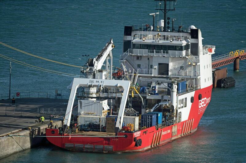 The Geo Ocean III specialist search vessel docked in Portland, England, Thursday Feb. 7, 2019.  A body has been recovered from the wreckage of the plane carrying Cardiff City footballer Emiliano Sala and pilot David Ibbotson, though the aircraft remains 67 metres underwater 21 miles off the coast of Guernsey in the English Channel after poor weather halted recovery efforts. The body was brought back on the Geo Ocean III specialist search vessel. (Steve Parsons/PA via AP)