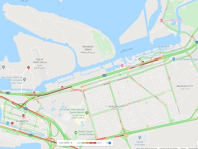 Heavy traffic built up around Al Raha Mall in Abu Dhabi after another major crash heading out of the capital. Google Maps