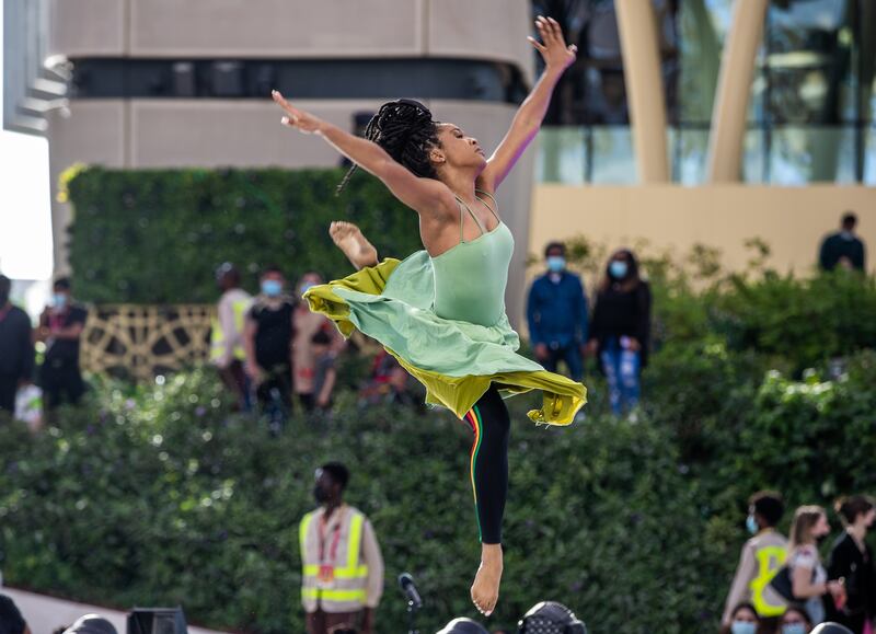 A high-flying dancer at Jamaica national day at Expo 2020 Dubai. Victor Besa / The National